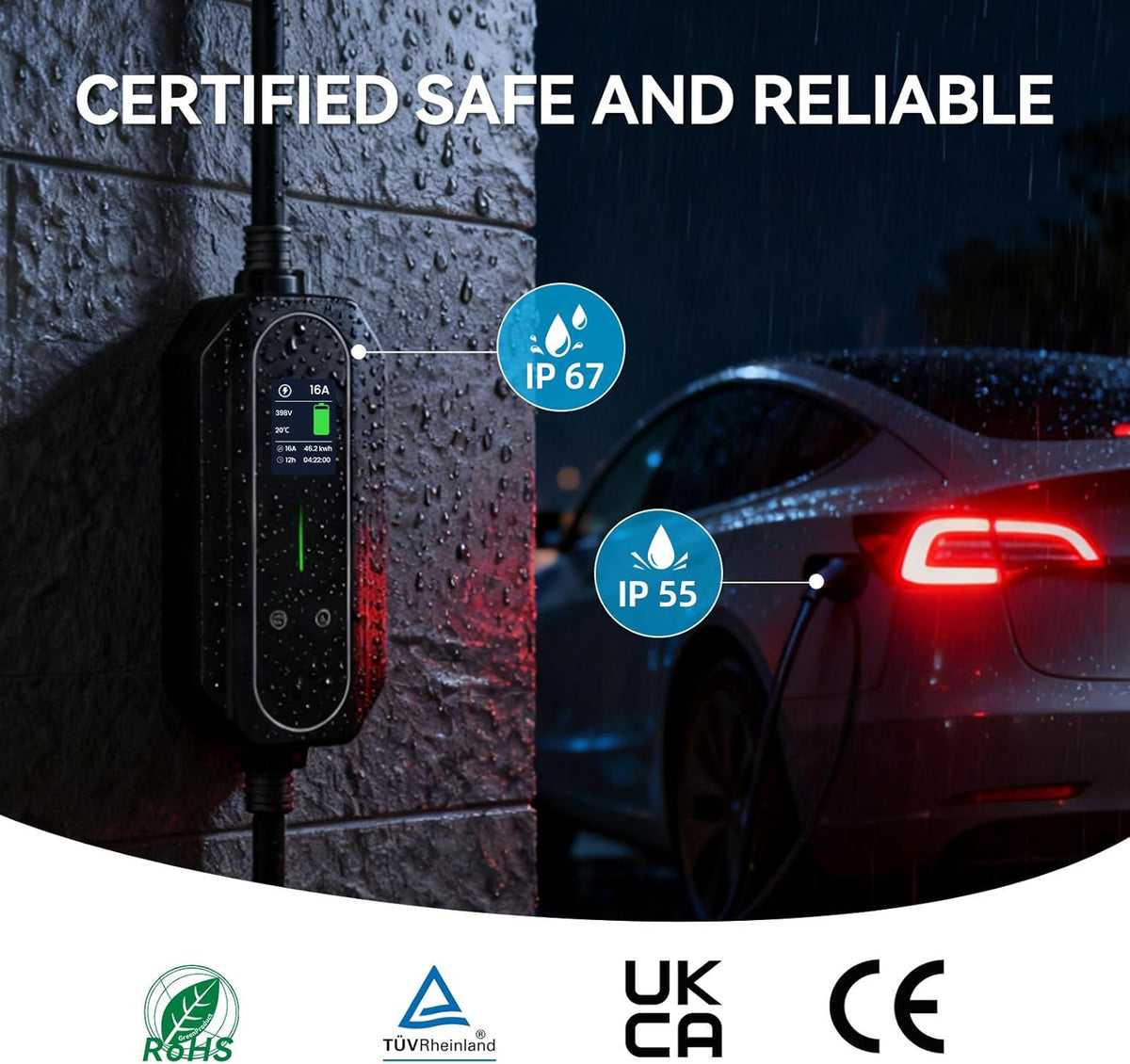 ELEGRP Wallbox 11 kW met oplaadkabel type 2, driefasige oplader voor elektrische voertuigen, instelbaar van 6 tot 16 A, 10 m kabel, IP67 waterdicht, mobiel laadstation IEC 62196-2.
