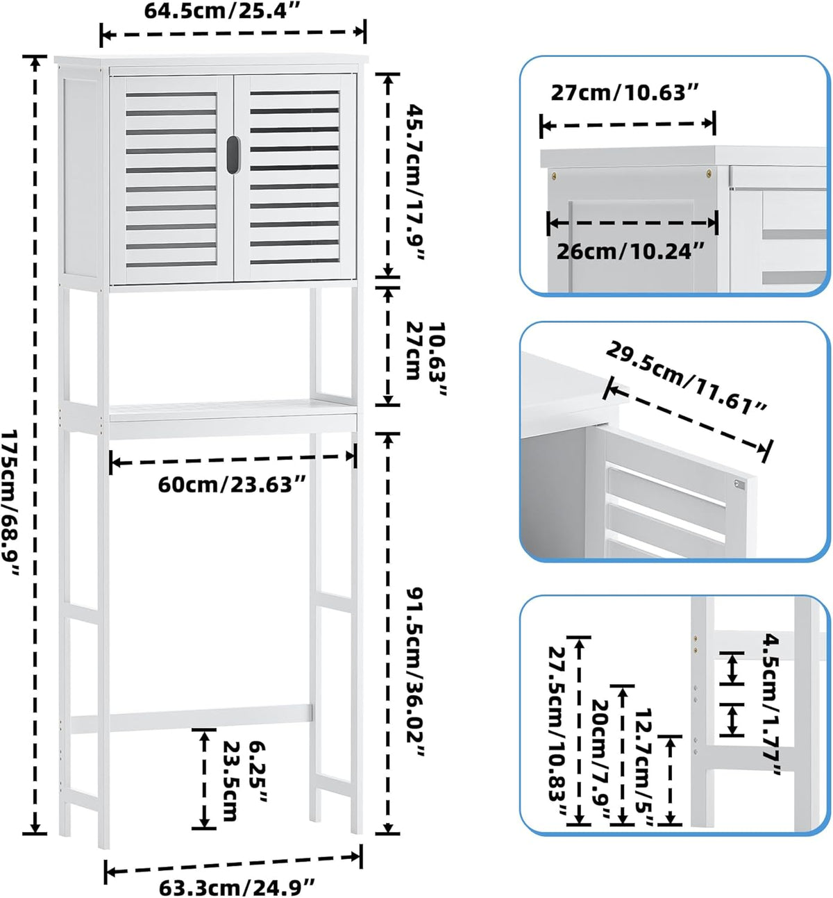 SMIBUY Badkamer boven het toilet opbergkast, 2-deurs bamboe kast organizer, vrijstaand ruimtebesparend toiletrek met verstelbare binnenplank en open plank (wit)