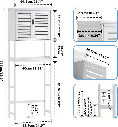 SMIBUY Badkamer boven het toilet opbergkast, 2-deurs bamboe kast organizer, vrijstaand ruimtebesparend toiletrek met verstelbare binnenplank en open plank (wit)