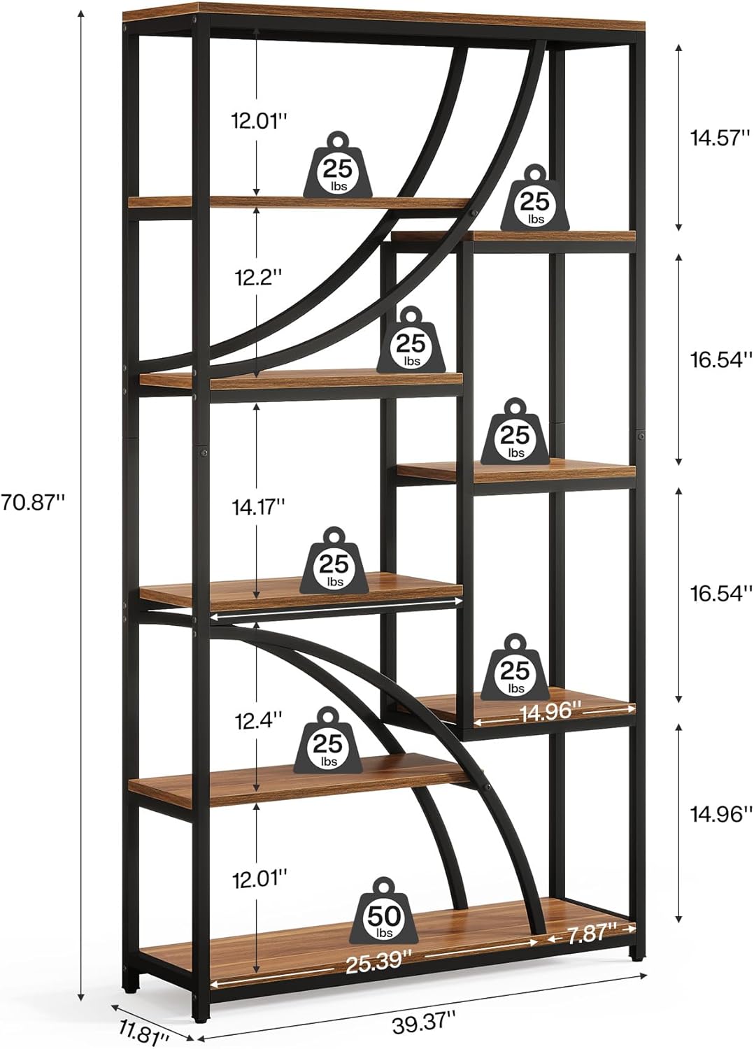 Tribesigns Bookcase, 180 cm, 9 Tier Shelf, Large Geometric Bookcase with Open Compartments, Free Standing Wood and Metal Shelf for Living Room, Industrial Design, Brown and Black