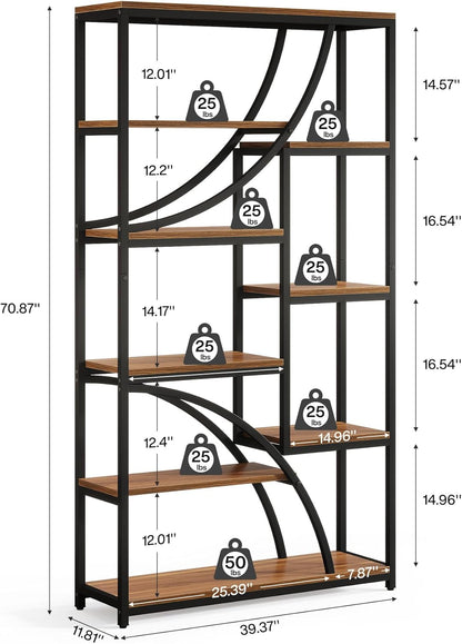 Tribesigns Bookcase, 180 cm, 9 Tier Shelf, Large Geometric Bookcase with Open Compartments, Free Standing Wood and Metal Shelf for Living Room, Industrial Design, Brown and Black