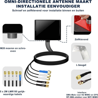 Maswell GPS/5G/WiFi buitenantenne, 2X2 MIMO 5G en 2X2 MIMO WiFi en GNSS, Omni Wideband 600-8000 MHz 4G+ LTE-A 5G UWB, WiFi 6E, WiFi 7, GPS GLONASS Beidou Gaileo, SMA male/RP SMA