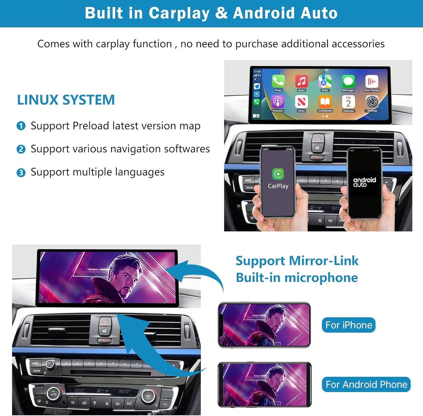 Ninetom 12,3 inch autoradio met Carplay en Android Auto voor BMW 3/4 Series F30 F31 F32 F33 F34 F35 F36 Jaren 2017-2019 met EVO-systeem, ondersteuning voor Mirrorlink, camera en navigatie