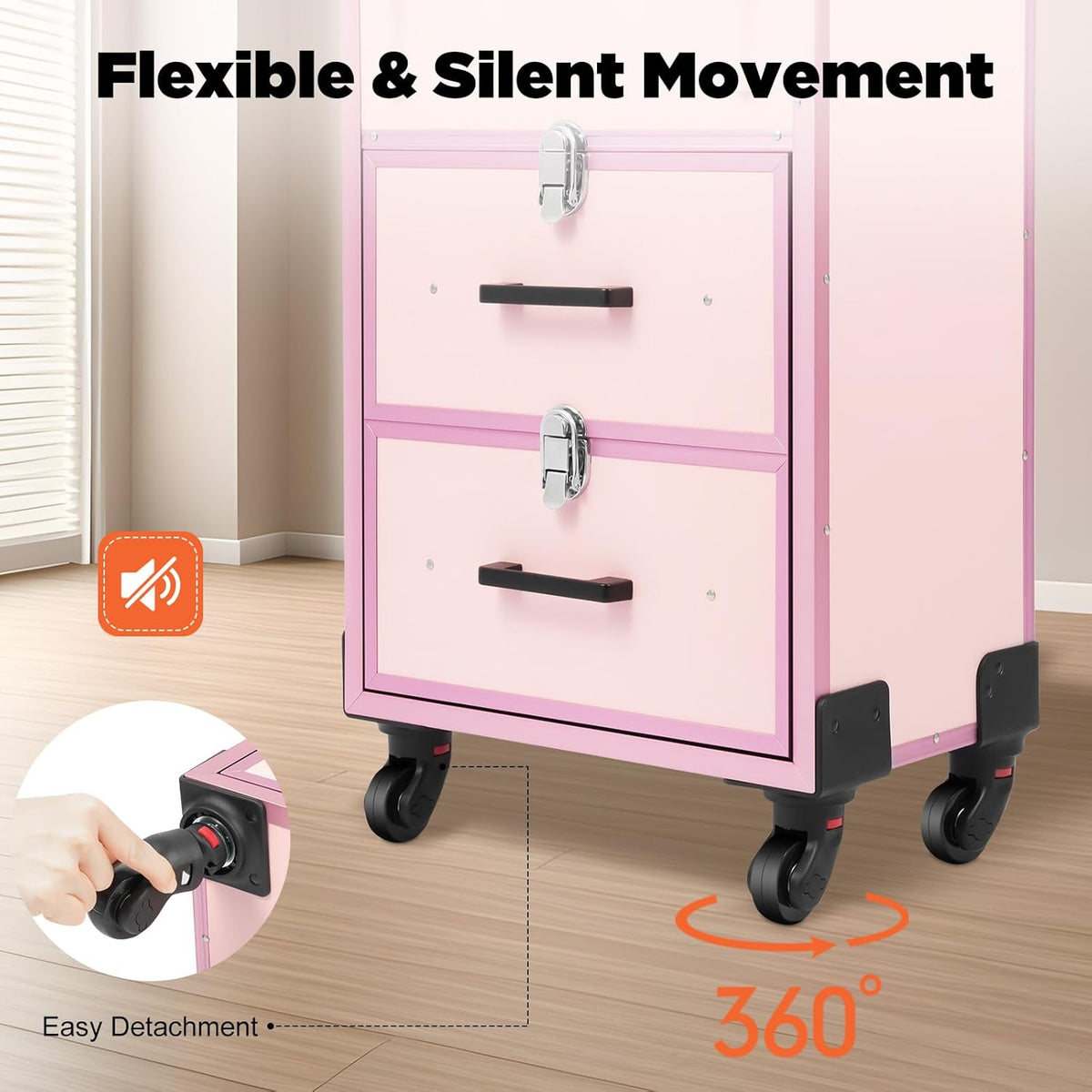 OUKANING Cosmetic Case Trolley 40 Compartments + 2 Drawers 50 kg Load Capacity 4 Universal Wheels & Locks for Make-Up Hairdressing Supplies Low Noise, pink, modern - QUORE