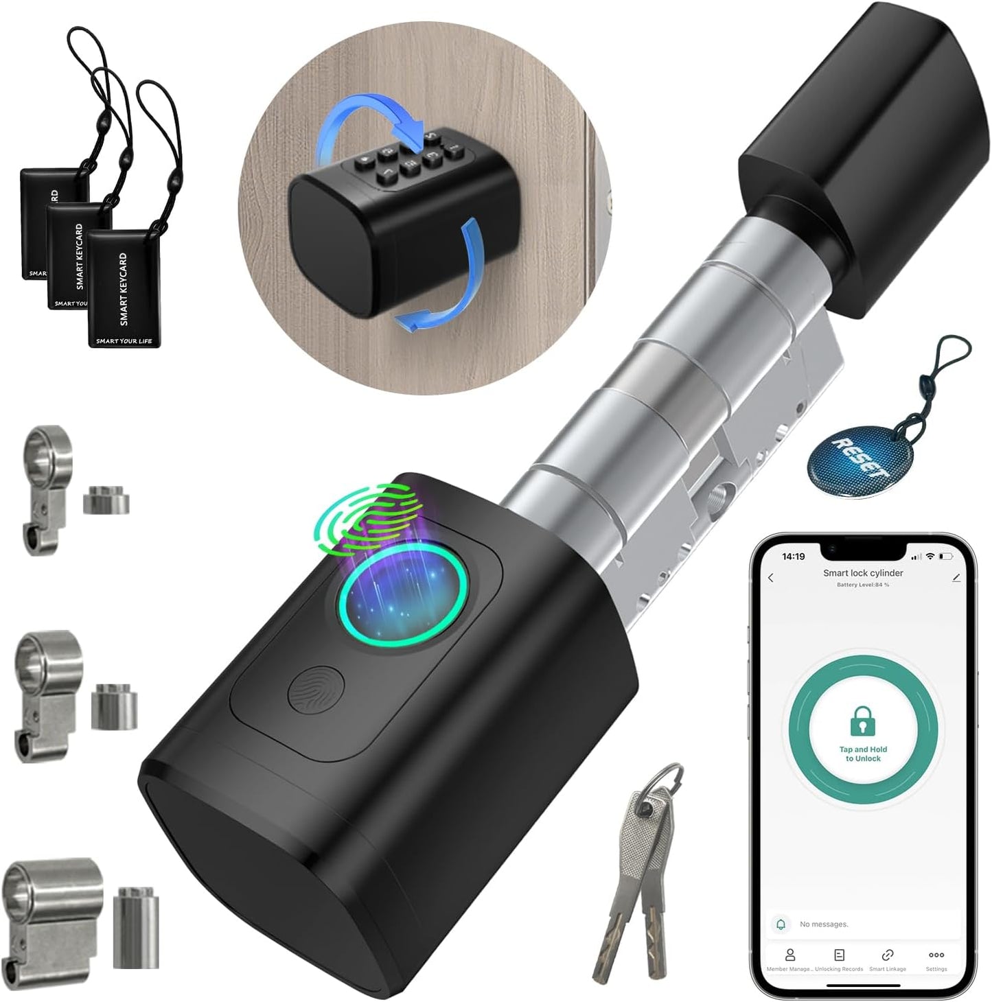 AVATTO Smart deurslot met vingerafdruk en wachtwoord voor 60-90 mm deuren, de lengte van de sluitcilinder is instelbaar, met sleutel, IC-kaart, ondersteunt Smart Life App afstandsbediening