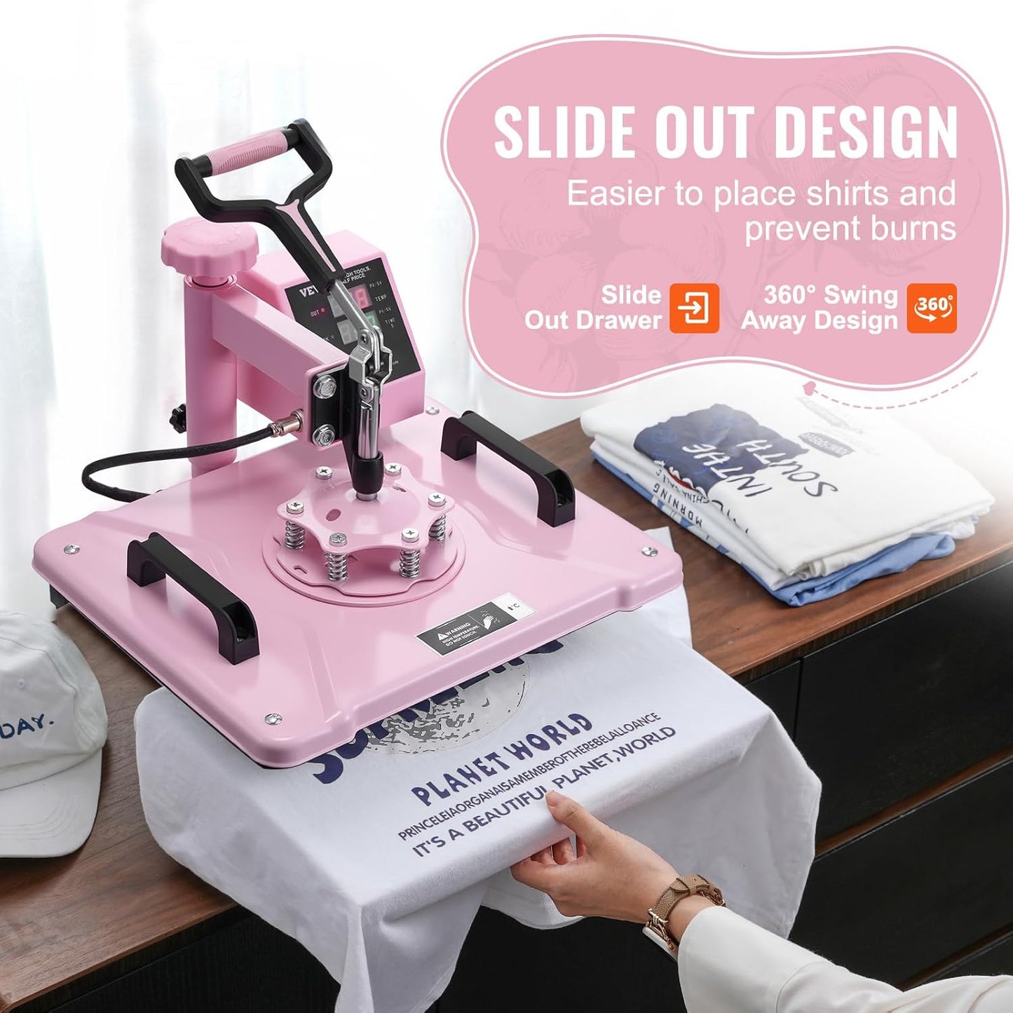 VEVOR 5-in-1 hittepers, dienblad 30 x 38 cm, textielsublimatiemachine met 89 cl bekerpers, 360 graden draaibaar, nauwkeurige digitale bediening, doe-het-zelf T-shirts/hoeden/kopjes/borden, roze
