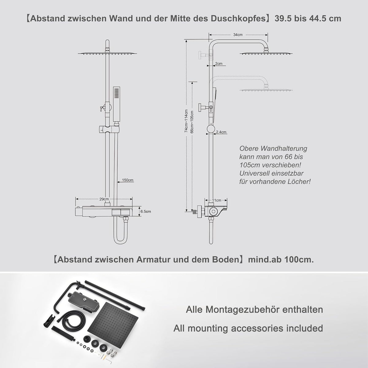 Douchekraan – Douchemengkraan – Douchethermostaat – Doucheset – Thermostaatkraan – Zwart – Roestvrij Staal 304 – Grote Regendouche 20x20 cm