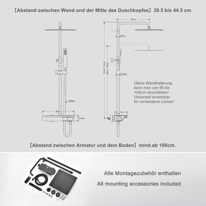 Douchekraan – Douchemengkraan – Douchethermostaat – Doucheset – Thermostaatkraan – Zwart – Roestvrij Staal 304 – Grote Regendouche 20x20 cm