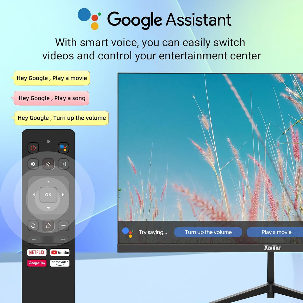 TuTu Smart Monitor 25 Inch Full HD-monitor met luidsprekers, aangedreven door Android, WiFi, Bluetooth, spraakbesturing met Google Assistant met afstandsbediening, Chromecast ingebouwd