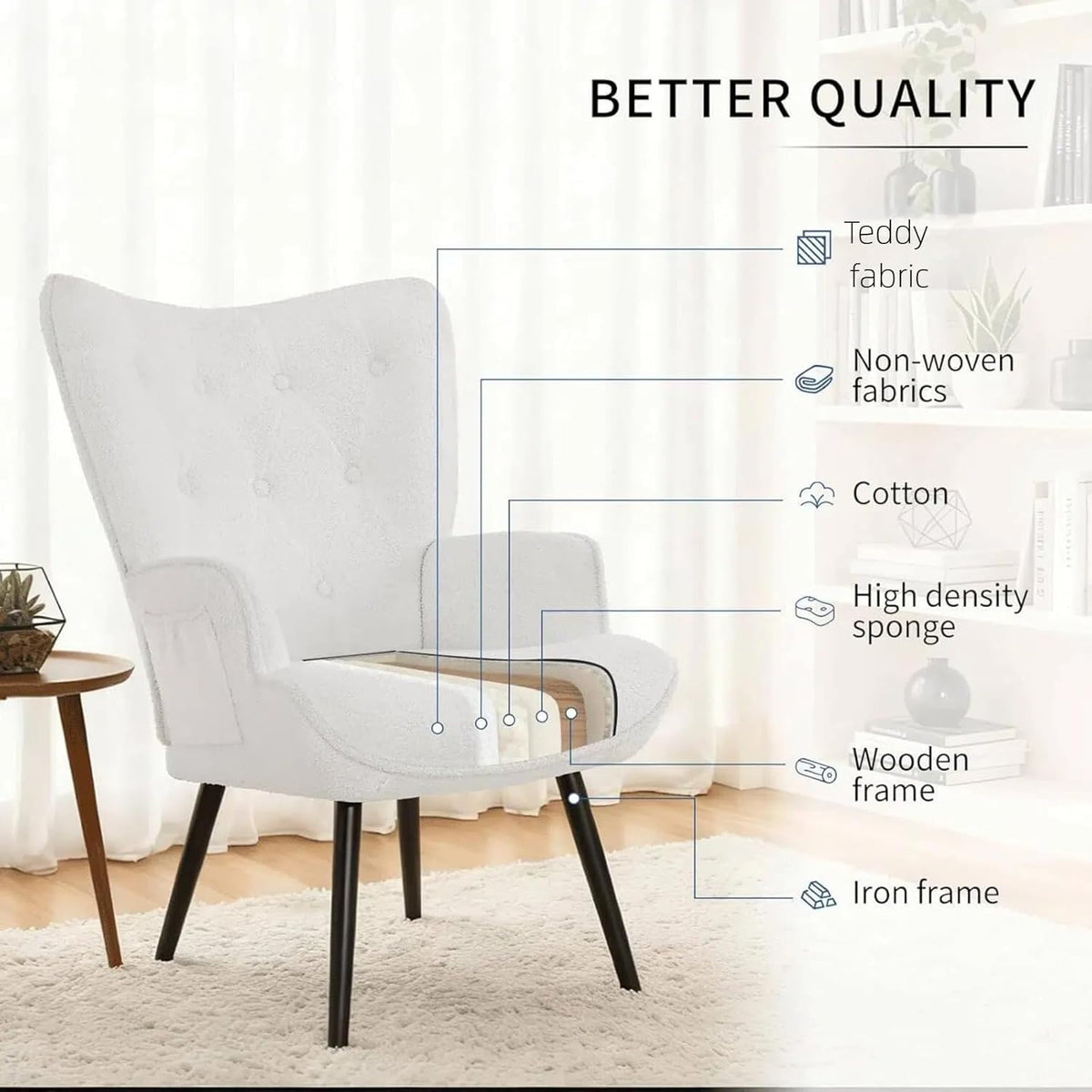 Fauteuil – Relaxstoel – Loungefauteuil – Leunstoel – Wit Teddy Stof – Ergonomisch Vleugelontwerp – Belastbaar Tot 168 kg