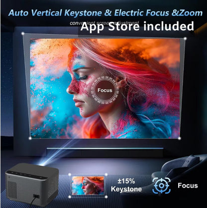 Beamer 4K / WiFi 6 / BT 5.4 Android 13 TV & [geïntegreerde app] Automatische focus, Full HD 1080P, hifi-luidspreker, korte brandpuntsafstand, compatibel met HDMI/TV Stick/Gaming