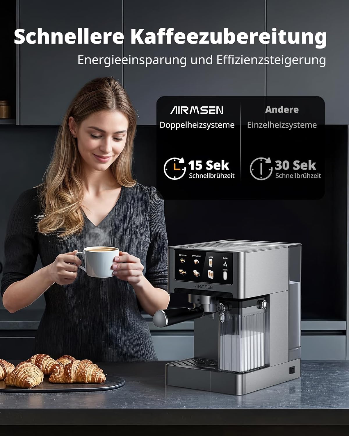 AIRMSEN Espressomachine 20 Bar – Cappuccino & Latte Machine, Dubbelboiler Koffiemachine (1350W & 1000W), Extractie in 15s, Roestvrij Staal, Afneembaar Waterreservoir 1,8L, Touchscreen