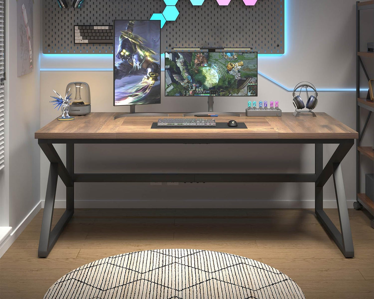 HSH Groot bureau voor thuiskantoor, modern houten metalen computerbureau voor twee personen, extra lang uitvoerend schrijven, studie, gaming dubbel bureau, werkstation, 70 inch rustieke slaapkamer