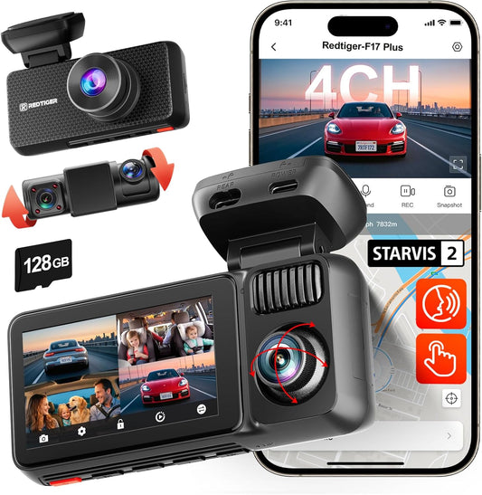 4-Kanaals Dashcam – Autocamera – Rijcamera – Parkeercamera – Autorijcamera – 2.7K Voorcamera – 360° Draaibare Achtercamera