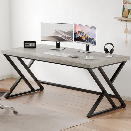 LVB Computerbureau, lang, industrieel design, studie, houten tafel, 152 x 60 x 75,5 cm, grijs