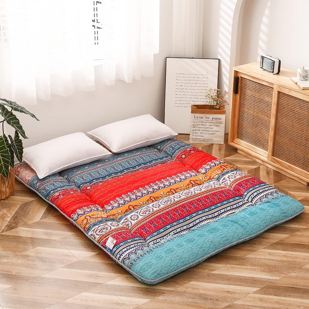 MAXYOYO Futon Retro Bohemian matras - Japanse bloemen vintage vloer - rollende logeerbed, draagbare camping, Tatami mat (Bohemian A, 135 x 190 cm)
