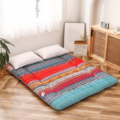 MAXYOYO Futon Retro Bohemian matras - Japanse bloemen vintage vloer - rollende logeerbed, draagbare camping, Tatami mat (Bohemian A, 135 x 190 cm)