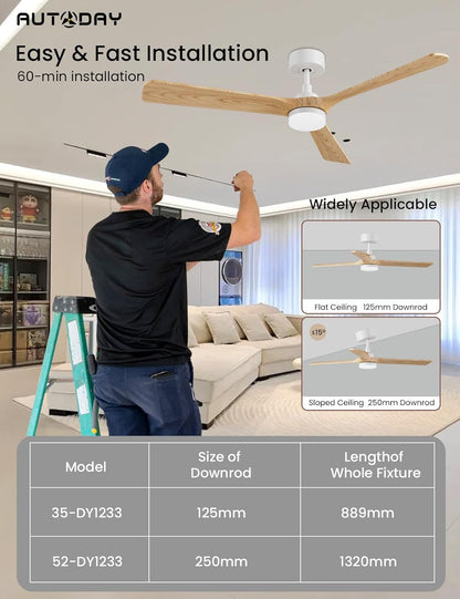 Bois Ventilateur Plafond avec Lampe Silencieux Moteur DC 30W ventilateurs de plafond diamètre 132 cm (52") avec 3 Pales réversibles Télécommande fonction mémoire et minuterie 6 vitesses