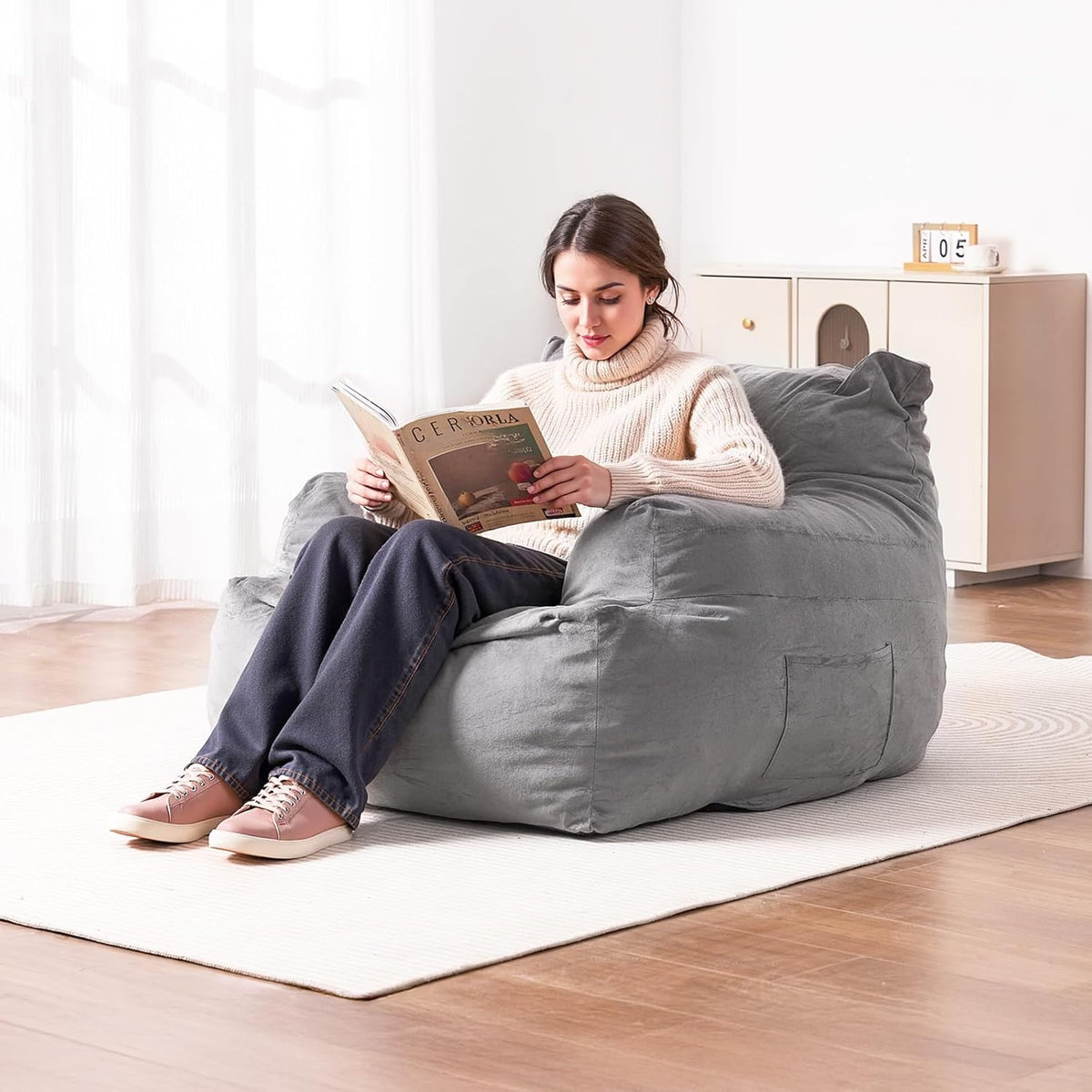 VEVOR Zitzak sofasstoel (1118 x 1143 x 780 mm) met armleuningen voor volwassenen, pluizige pluche en schuimvulling met hoge dichtheid, zitzak met taper, lazy-bank voor slaapkamer, grijs