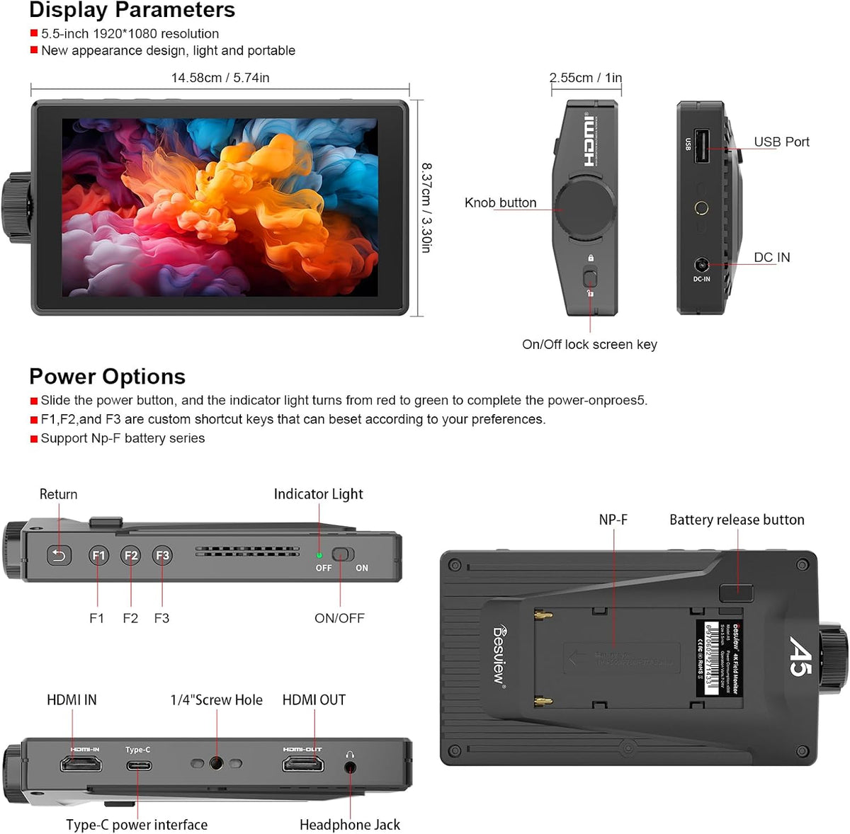 Desview A5 camera Field Monitor Touchscreen 5,5 inch, cameramonitor Full HD 1920 x 1080 IPS met 4K HDMI 2.0 Loop In/Out, 3D LUT Video Peaking Focus Assist voor DSLR