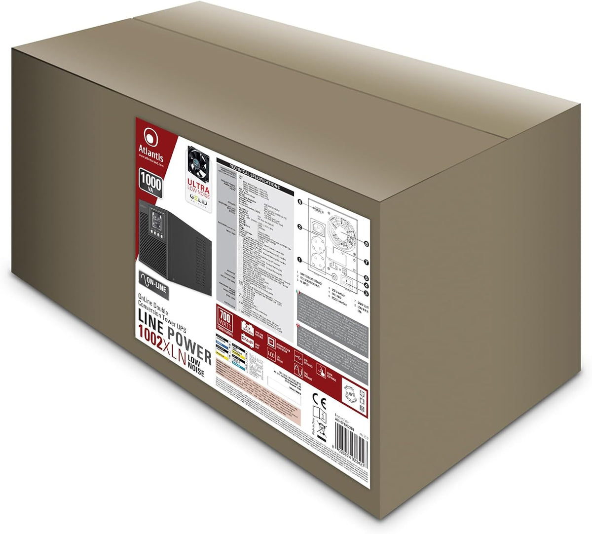 Atlantis A03-OP1002XLN UPS OnLine 88% stillere onderbrekingsgroep, server, dubbele conversie, zuivere sinusgolf, 1000 VA 700 W, Low Noise Gelid ventilator 23,6 dbA, USB, 2 Schuko + 1 IEC, 2 x 12 V-9