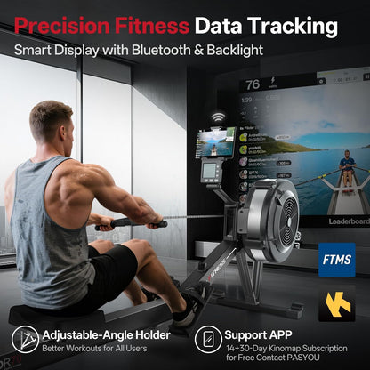 PASYOU Rowing Machine, Air Resistance Rowing Machines for Home Use 10 Gears Adjustable, Super Silent Rowing Machine with Bluetooth & Smart Backlit Monitor (350LB Load Capacity) - QUORE