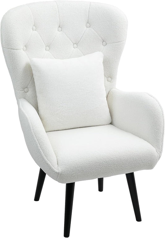 HOMCOM Lounge Chair with Lumbar Cushion, Lostered Teddy Chair with Wooden Legs Diamond Tuft Back Relax Chair for Living Room Bedroom White - QUORE