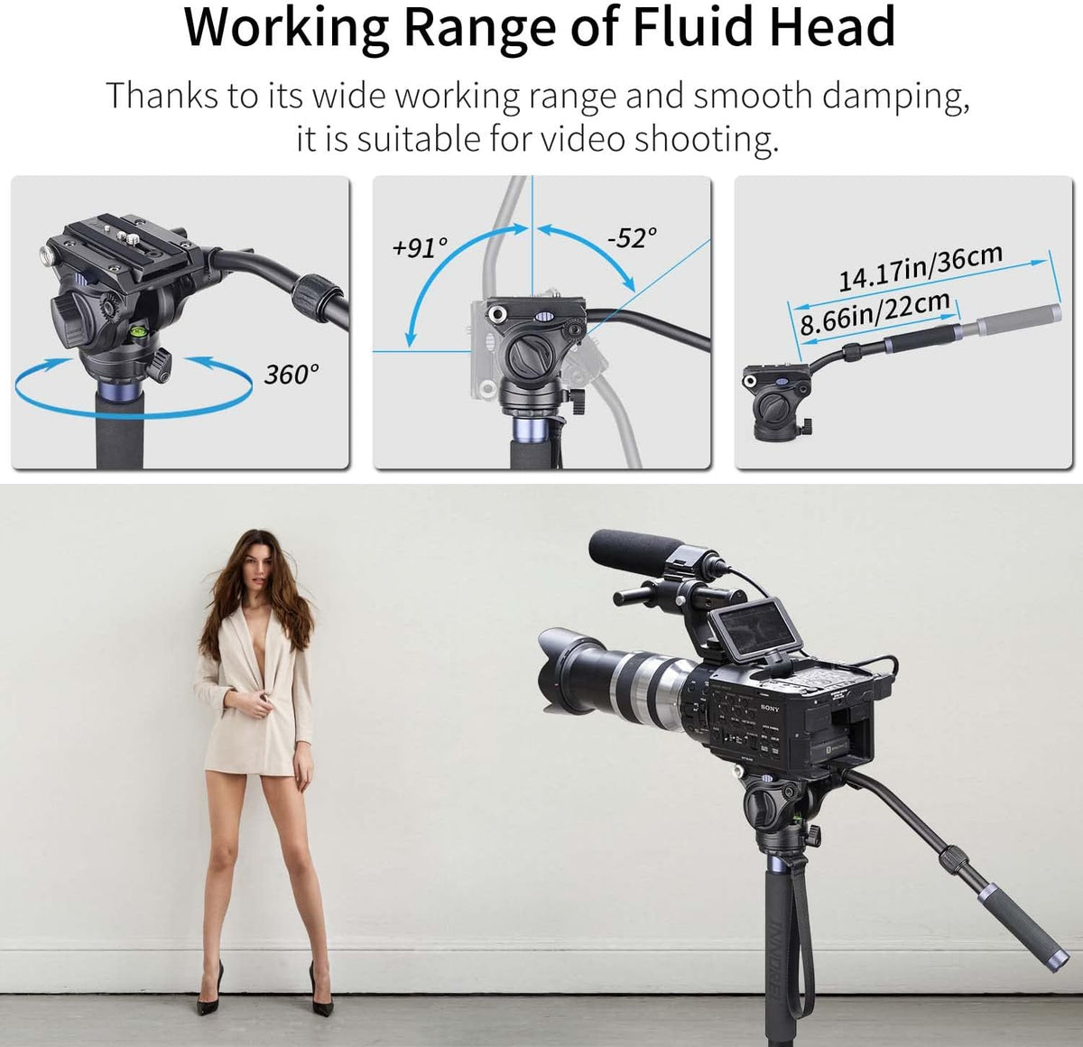 Monopod – Videomonopod – Cameramonopod – Camerastatief – Videostatief – Fluid Head Met 360° Pan En -52° Tot +91° Kanteling – Aluminiumlegering, 182 Cm Hoog En 10 Kg Draagvermogen