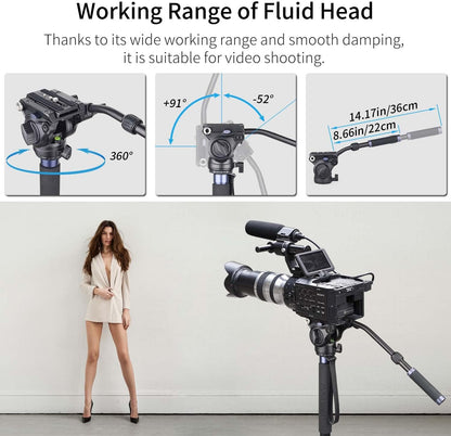 Monopod – Videomonopod – Cameramonopod – Camerastatief – Videostatief – Fluid Head Met 360° Pan En -52° Tot +91° Kanteling – Aluminiumlegering, 182 Cm Hoog En 10 Kg Draagvermogen