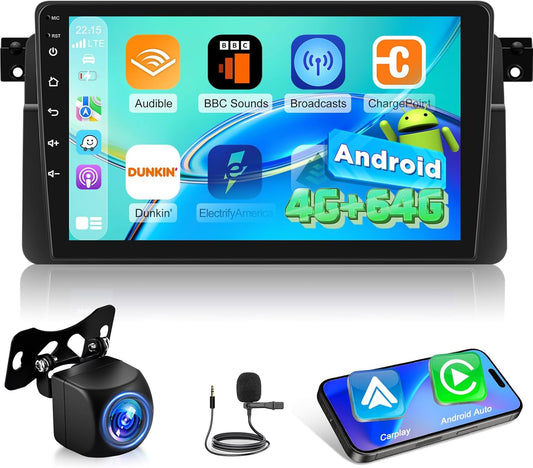 4G+64G Android Autoradio voor BMW E46 1999-2005 met CarPlay & Android Auto, DSP 32EQ, 9 Inch Radio met Scherm, WiFi, GPS, Bluetooth, Stuurwielbediening + Achteruitrijcamera, Microfoon