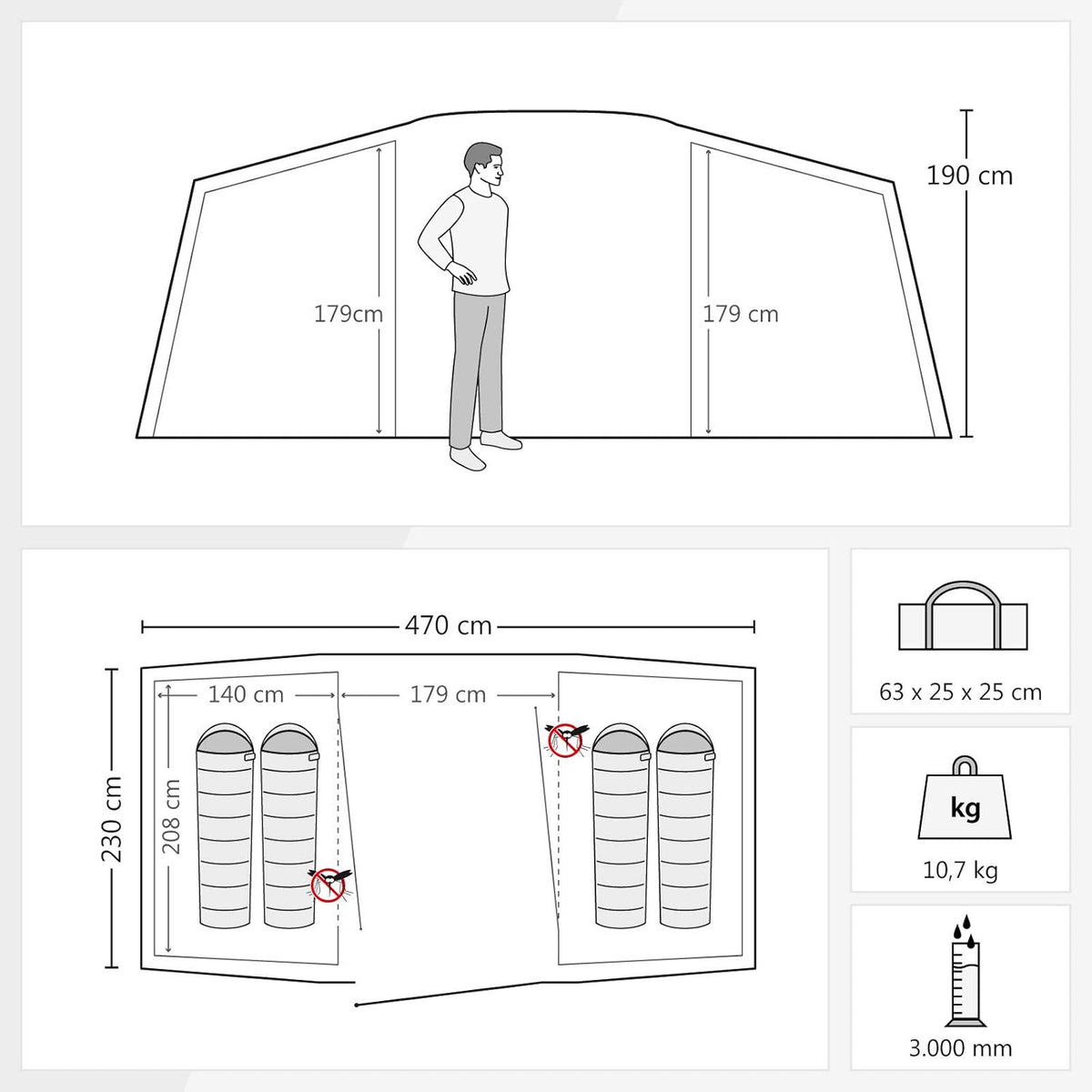 Justcamp Lake 4 Tunneltent, gezinstent, 4 personen - grijs, grote opbergruimte, festival, kampeervakantie