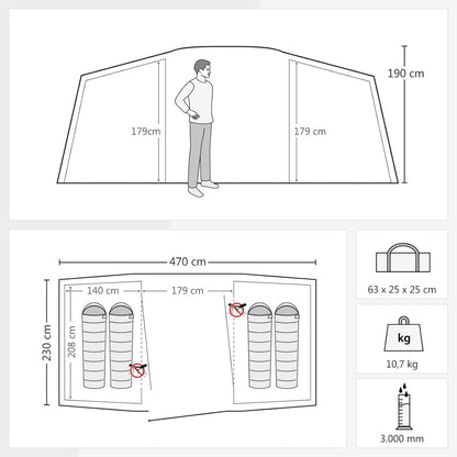 Justcamp Lake 4 Tunneltent, gezinstent, 4 personen - grijs, grote opbergruimte, festival, kampeervakantie