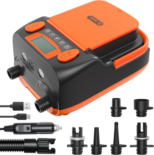Dr.meter 6000 mAh oplaadbare elektrische SUP-pomp, SUP-pomp, elektrische accu met auto-off, kan 4 SUP's oppompen, 2 USB-aansluitingen en 3 LED-lampjes voor SUP-boards, boten, tenten, kajak