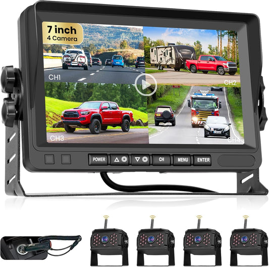 Podofo 4 * Draadloze achteruitrijcamera met 7 inch monitor, IP69 Achteruitrijcamera Waterdichte Groothoek Nachtzicht voor RV / Caravan/LKW, Video Looping, Handmatige Vergroting
