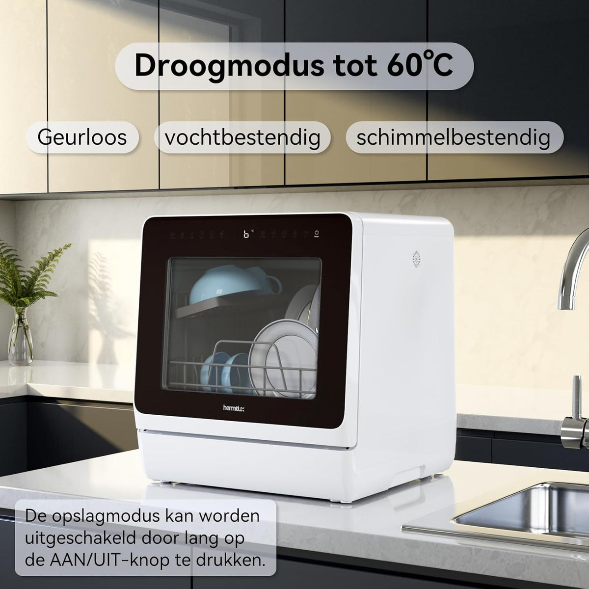 Hermitlux Tafelvaatwasser, mini-vaatwasser met 7 + 3 programma's, 5 couverts, 5 l watertank, startvertraging en kinderbeveiliging