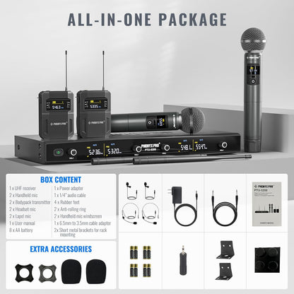 Phenyx Pro Draadloos microfoonsysteem, 4-kanaals draadloze microfoonset met handheld/bodypack/headset/reversmicrofoons, draadloze microfoon voor zingen, karaoke, kerk (PTU-5200B)