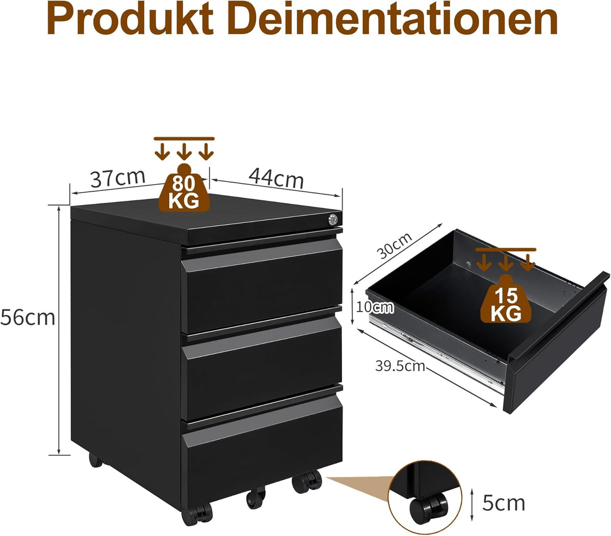 Rolcontainer, mobiele archiefkast met slot, 4 sleutels, 3 laden, kantoorkast van metaal, al voorgemonteerd, voor kantoor, thuiskantoor, zwart