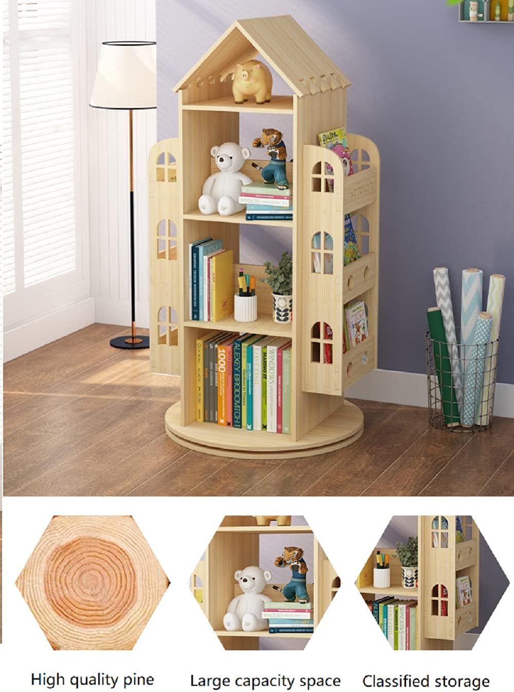 Roterende Boekenplank – Boekenrek – Boekenkast – Opbergrek – Kinderboekenkast – 360° Draaibaar – Van Ongeverfd Grenenhout Met Stalen Kogellagers