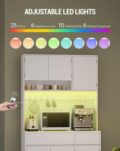 Hzuaneri Kitchen Cabinet, Buffet Cabinet, Tall Cabinet with Sockets and LED Light Strips, with Worktops and Two Drawers, Adjustable Shelves, Kitchen, 40 x 100 x 180 cm, White, PT00203XEU