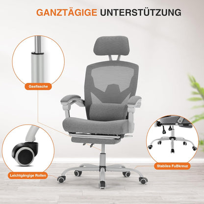 Sweetcrispy Bureau-computer-bureaustoel, gamingstoelen voor volwassenen, high-back mesh rolling draaibare rugleuningstoelen met wielen, comfortabele lendensteun, comfortabele armen, grijs