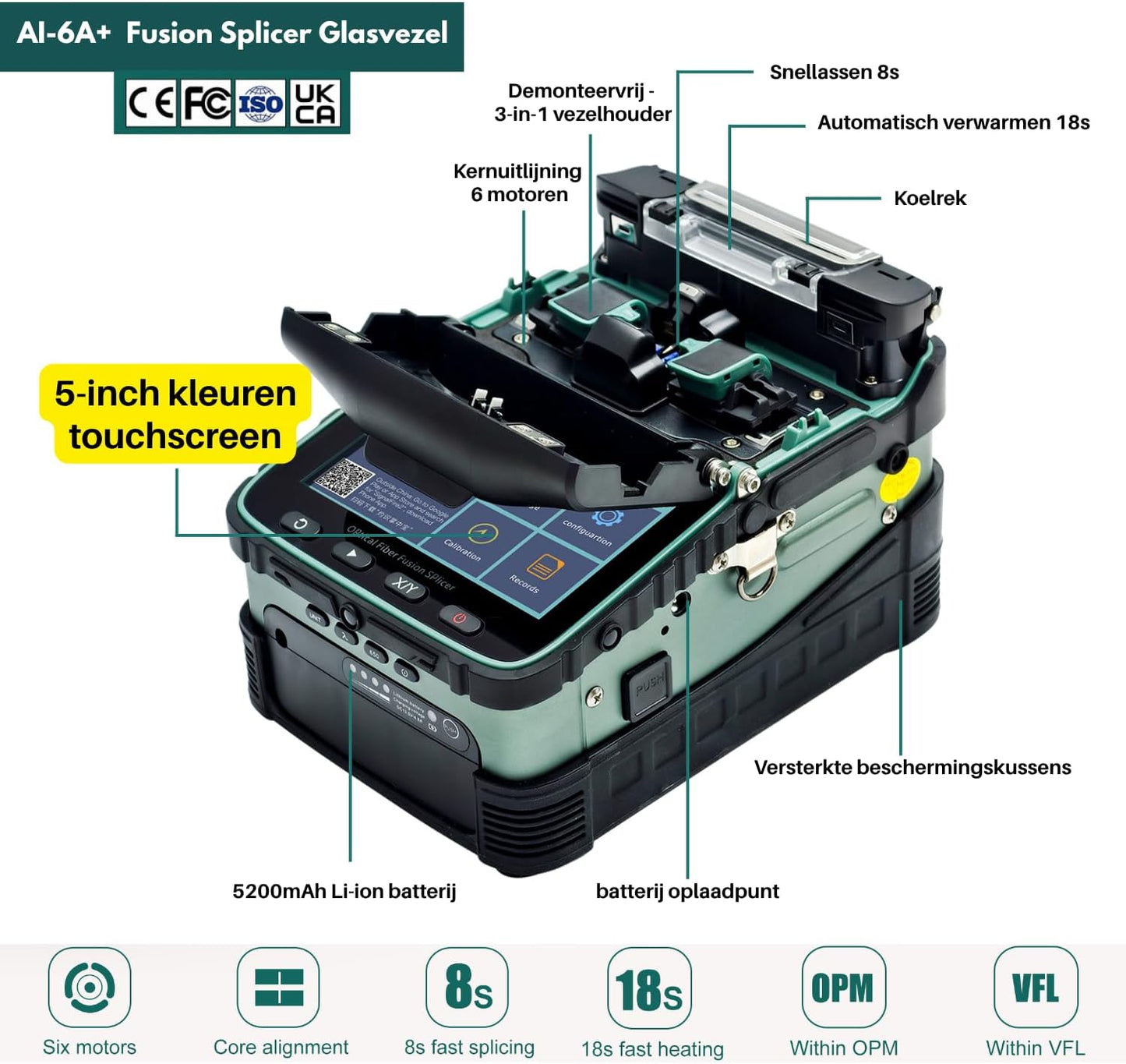 AI-6A+ Fusion Splicer Glasvezel Kit – Kernalignering, 6 Motoren, Ingebouwde OPM/VFL, 8s Splijten 18s Krimptijd, Glasvezel Spliceerapparaat Voor SM/MM/DS/NZDS Kabels