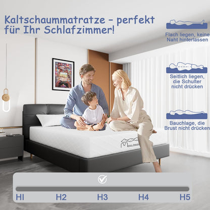 Izer Matras, 140 x 200 cm, 26 cm hoog, koudschuimmatras, hardheidsgraad H2 en H3, 7-zone ondersteuning met snelle terugvering, dubbele matras voor thuisgebruik (140 x 200 x 26 cm)