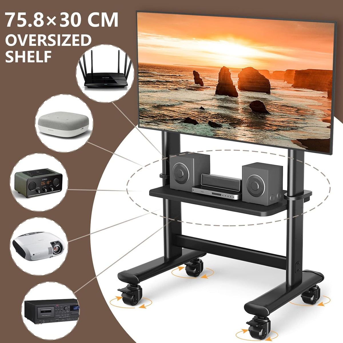 RFIVER Grote tv-standaard op wielen voor 50, 55, 60, 65, 70, 75, 80, 83, 86 inch, LCD-led, OLED, flatpanel-plasma-tv, rollende tv-kar met plank, wielen, max. VESA 800 x 600, tot 90 kg.