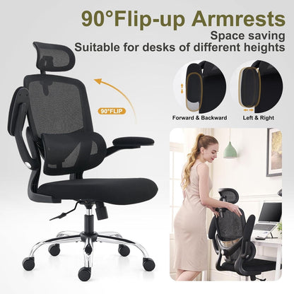 Ergonomic Office Chair, Swivel Office Chair with Mesh High Backrest, Adjustable Lumbar Support, Folding Armrests, Detachable Headrest, Space Saving, 155-185cm, up to 150kg