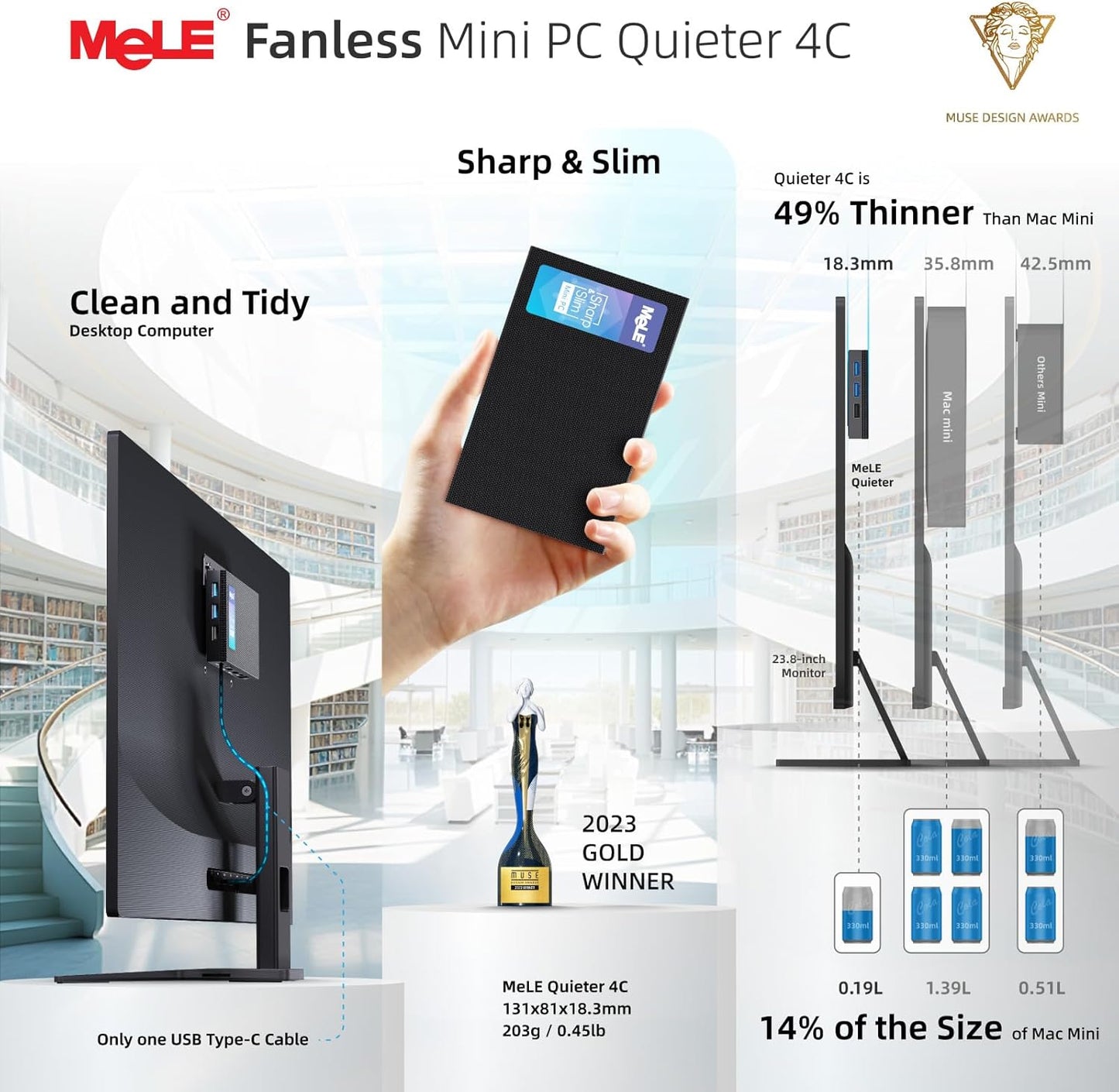 MeLE Quieter4C Mini PC Zonder Ventilator 12e Alder Lake N100 (tot 3,4GHz)16GB LPDDR4x 512GB Desktop Personal Computer Win 11 Pro 4K Drievoudige weergave Dubbel HDMI Alles-in-één USB-C BT5.1 Ethernet