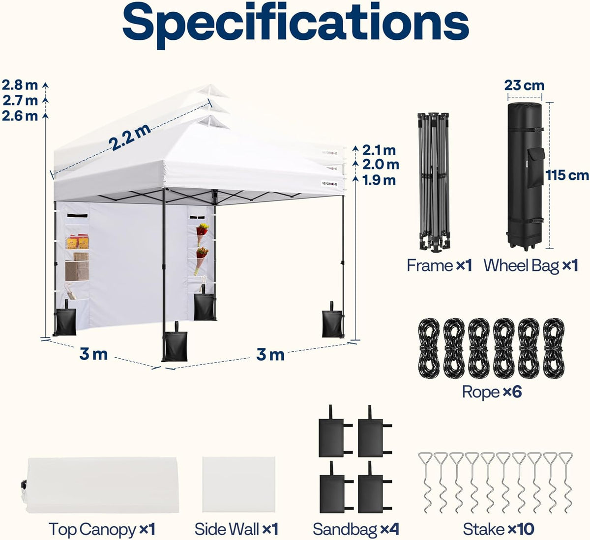 VIVOHOME 3x3m Pop-up Paviljoen met Zijwand, Opvouwbaar Tuinpaviljoen met Ventilatie, in Hoogte Verstelbaar, Inclusief Draagtas en 4 Zandzakken voor Buitengebruik Markt Tuin Erf