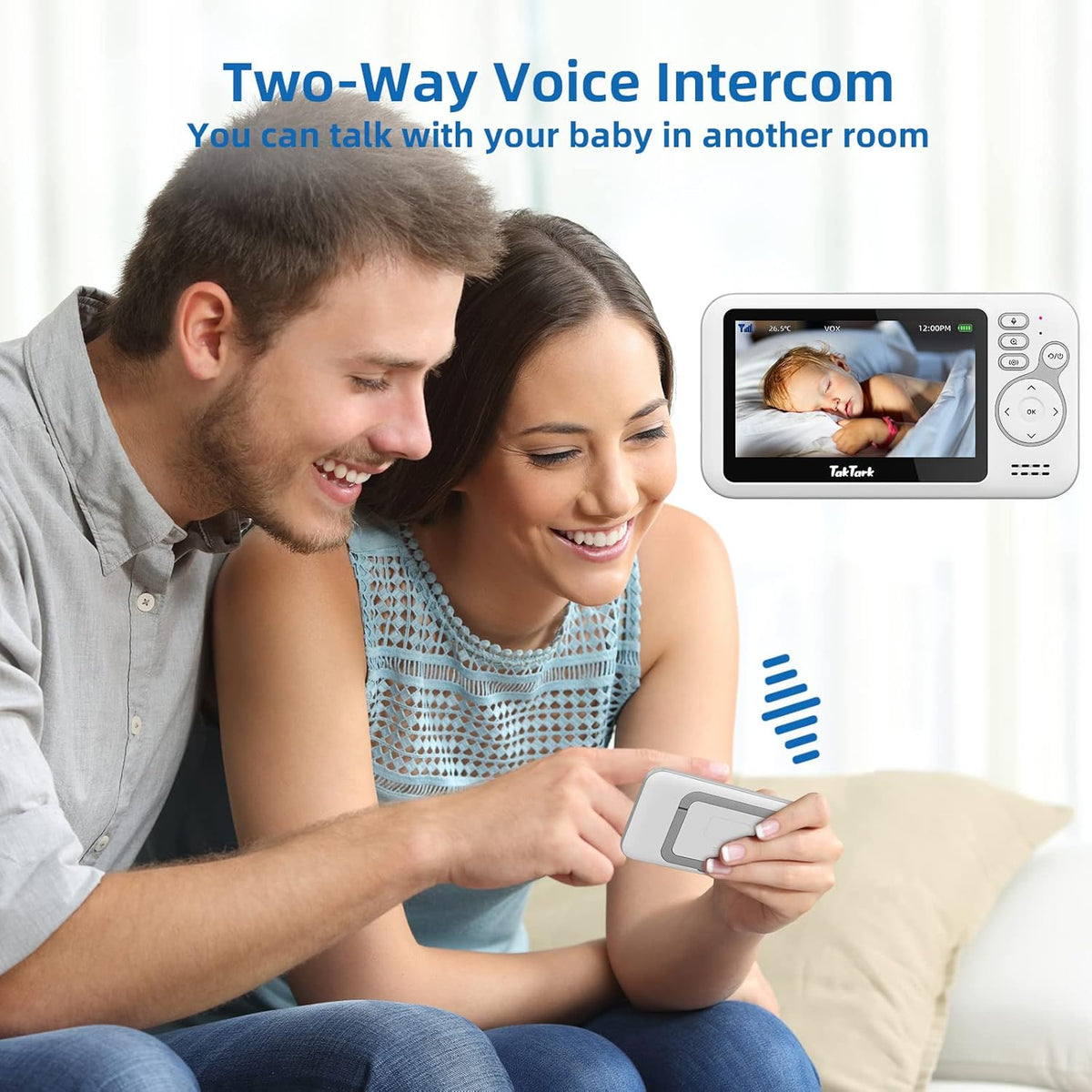 TakTark Babybewakingscamera, 11,9 cm (4,3 inch), draadloos, nachtzicht, VOX, bidirectionele communicatie, temperatuursensor, geen lichtstoringen, alleen beweging