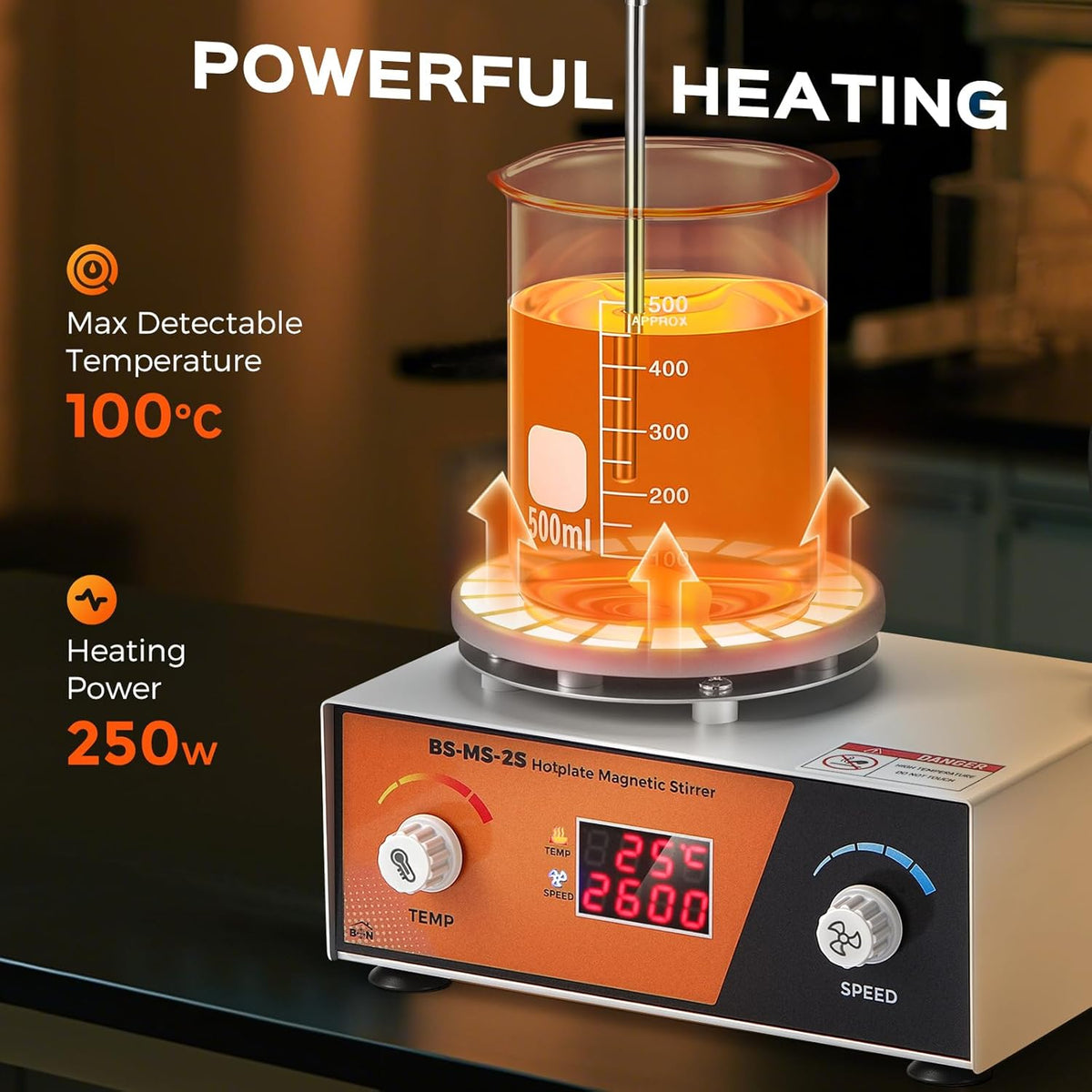 Bonviosin Magneetroerder, verwarmingsplaat, digitaal display, 2 liter, 700-2600 rpm, laboratoriummixer, 100 graden Celsius, met buigbare sensor-steunstaaf, 120 x 120 mm, magneetroerder, mixer, 180 W
