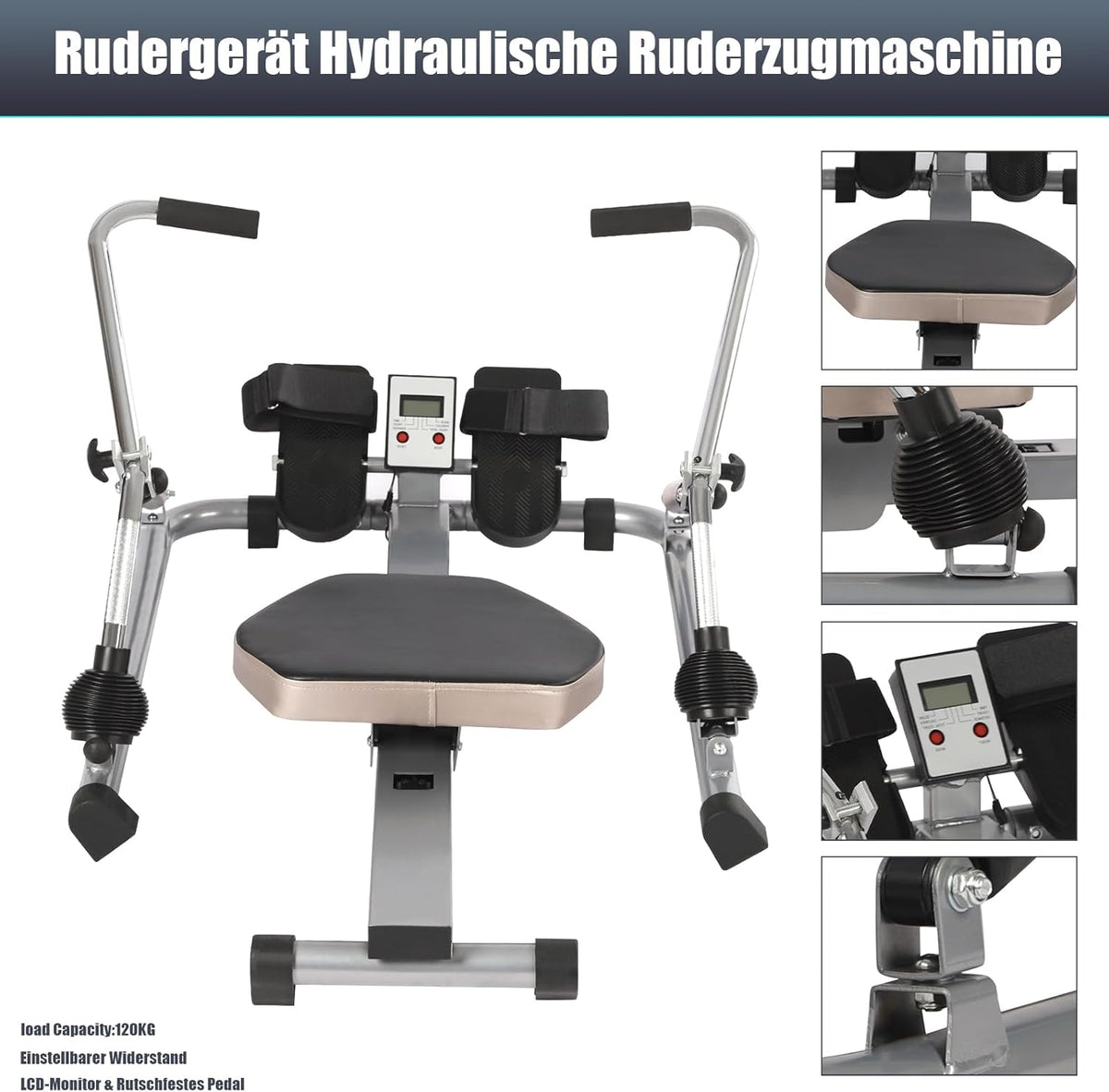 Hydraulic Home Rowing Machine, Rowing Machine with 120 kg Load Capacity & LCD Screen - Noiseless Fitness Device with Adjustable Resistance (15-55 kg) - Rowing Machine for a Full - QUORE