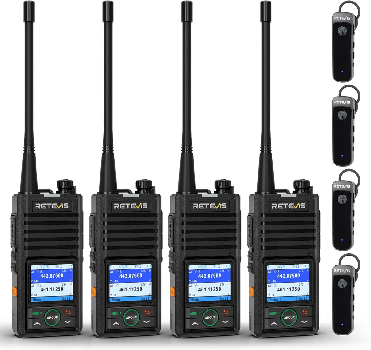 Retevis RB658 Walkie Talkie Bluetooth, APP-instelling, Groepsgesprek, 1800 mAh, USB C, IP54, Draadloze Kloon, Walkie Talkie met draadloze oortelefoon voor de detailhandel (4 Pack, Zwart)